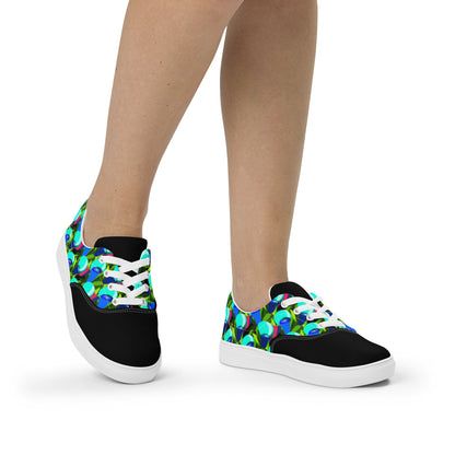 Black "Jubilations" Blue Tulips Low Lace-up Canvas Shoes (Women's)